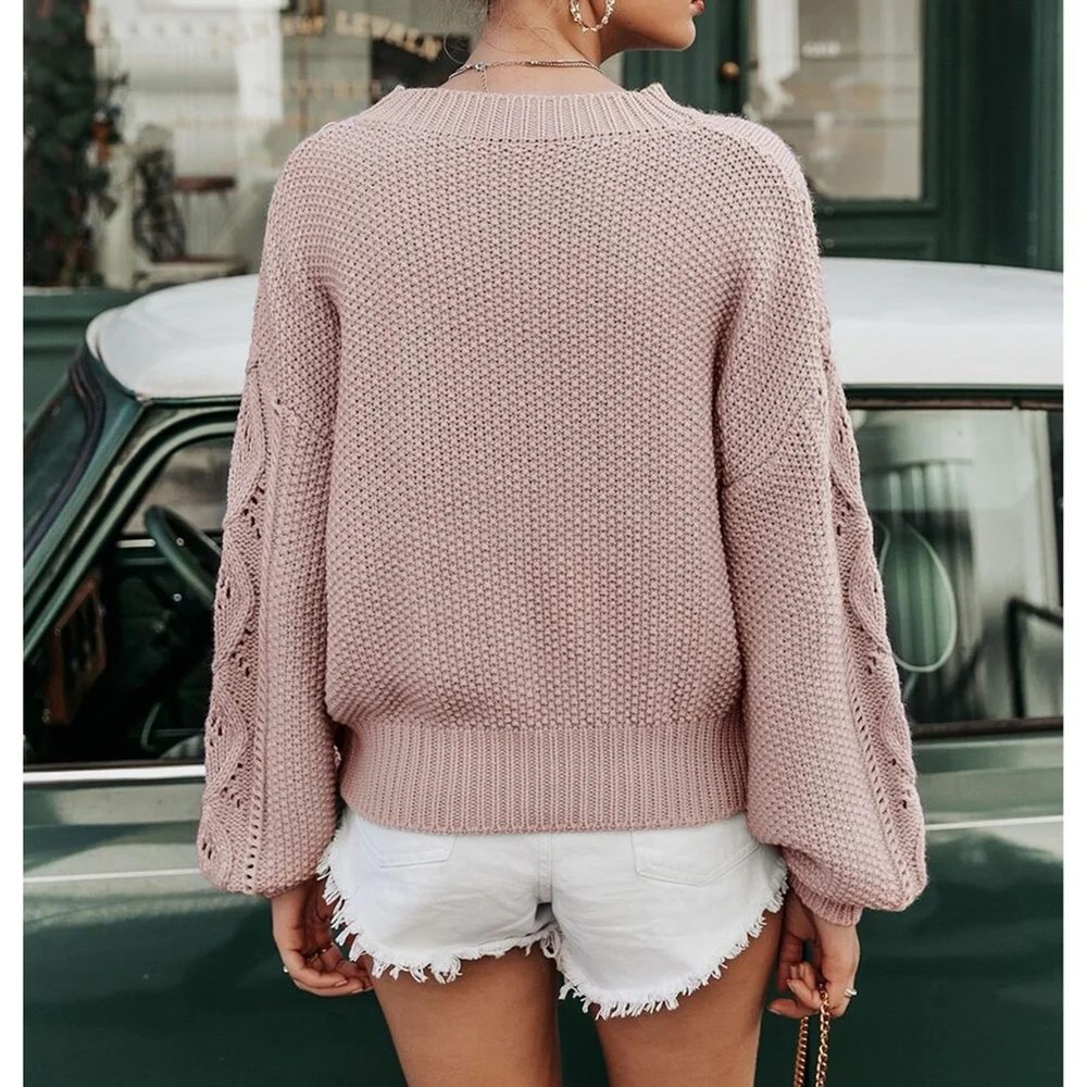 Boho Pink Knit Sweater Bishop Sleeve - Picture 2 of 5